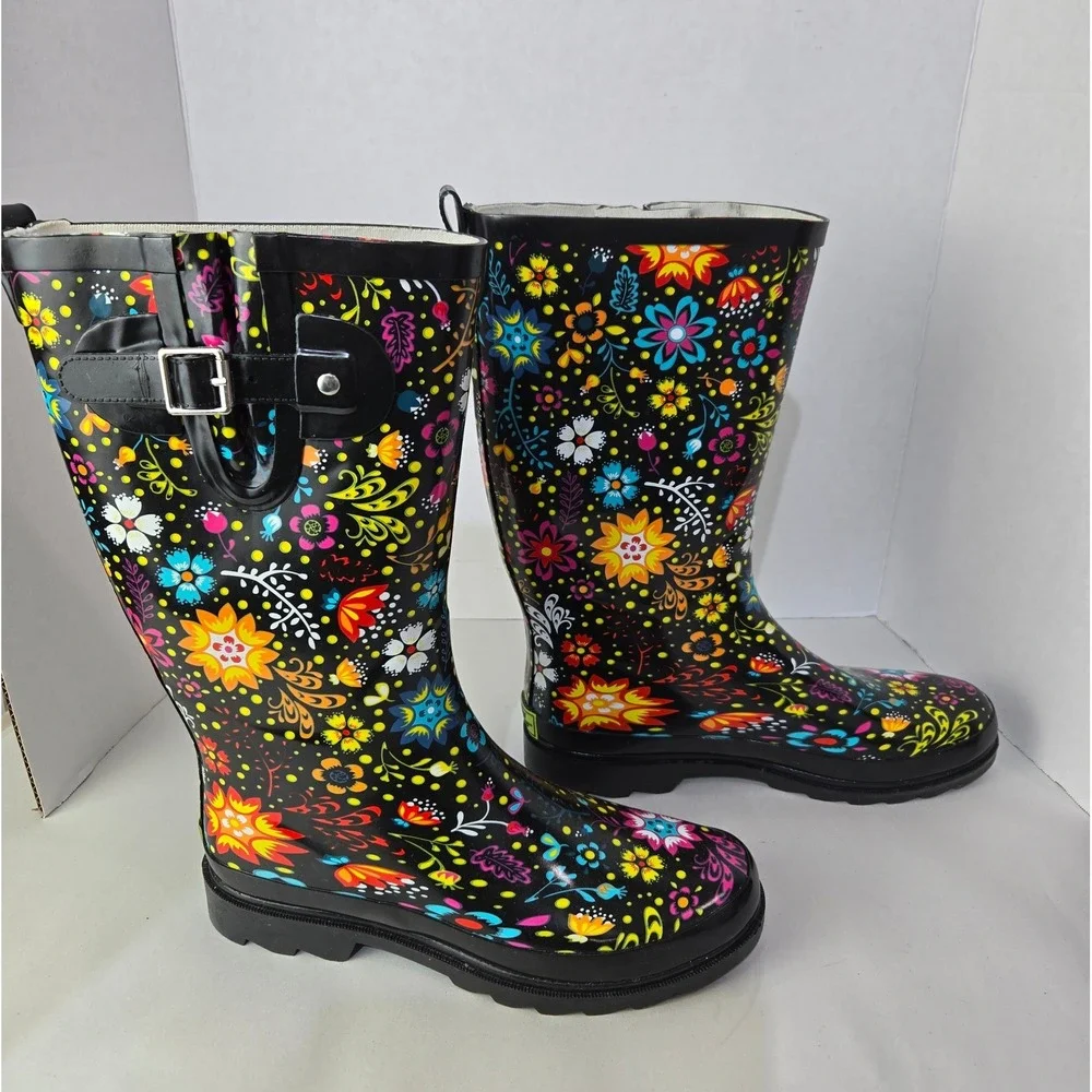 Western Chief Rain Boots Size 9 Garden Black Floral Waterproof Rubber #1103